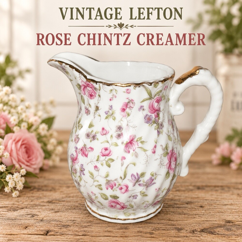 Vintage Lefton Rose Chintz Creamer 7237 Hand Painted Japan Pink Floral Gold